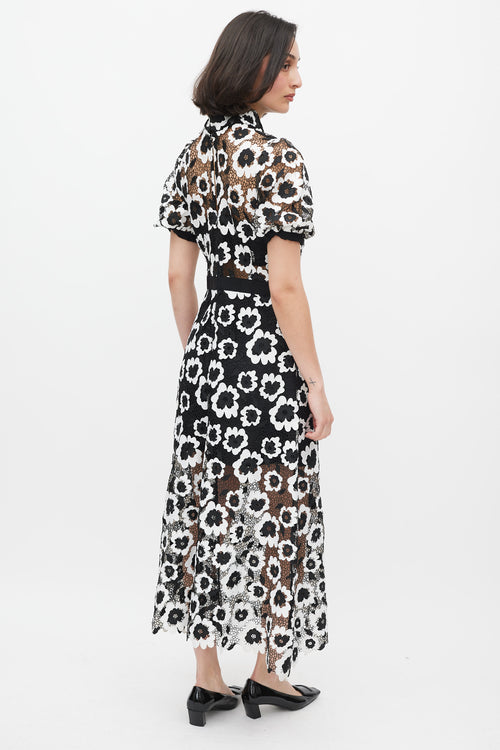 Self-Portrait Black 
White Short Sleeve Abstract Guipure Dress