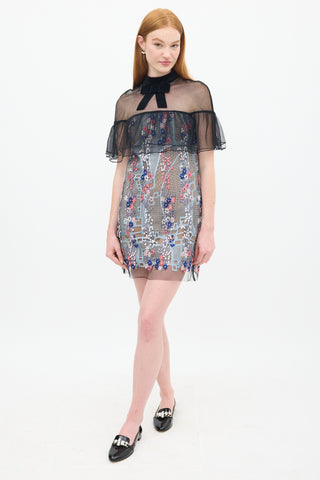 Self-Portrait Black 
Multicolour Floral Embroidered Flounce Overlay Dress