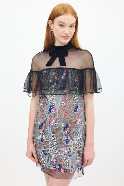 Self-Portrait Black 
Multicolour Floral Embroidered Flounce Overlay Dress