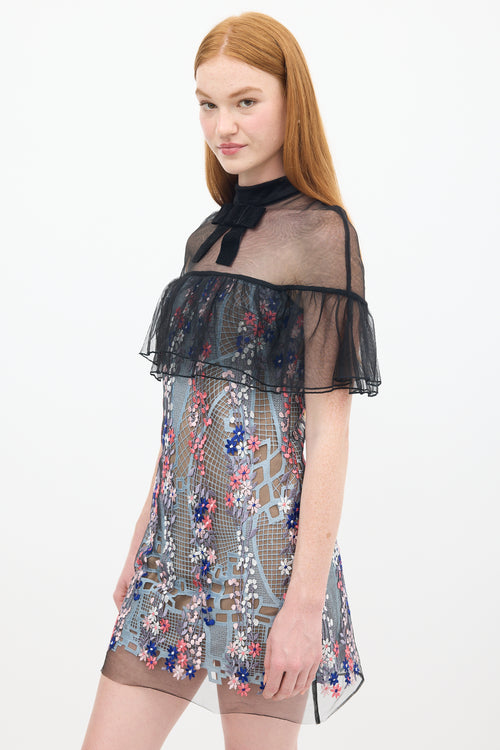 Self-Portrait Black 
Multicolour Floral Embroidered Flounce Overlay Dress