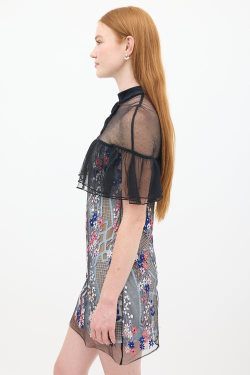 Self-Portrait Black 
Multicolour Floral Embroidered Flounce Overlay Dress