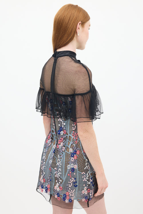 Self-Portrait Black 
Multicolour Floral Embroidered Flounce Overlay Dress