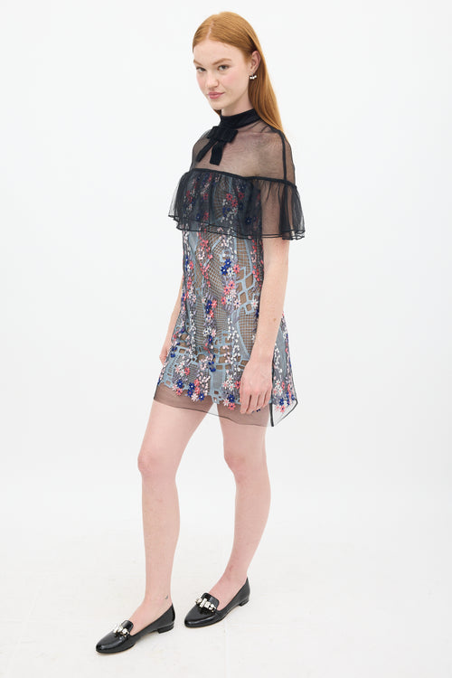 Self-Portrait Black 
Multicolour Floral Embroidered Flounce Overlay Dress