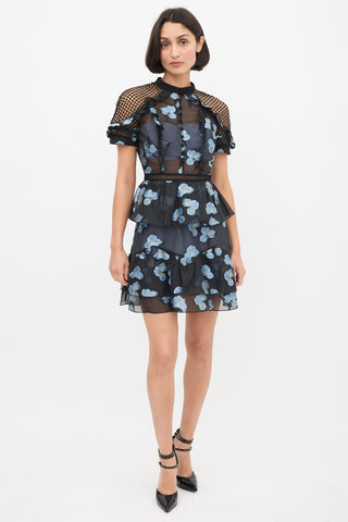 Self-Portrait Black 
Light Blue Floral Fil Coupé Cape Dress