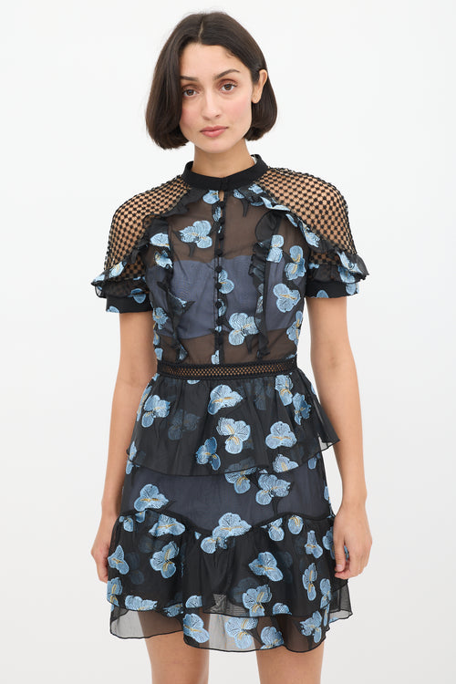 Self-Portrait Black 
Light Blue Floral Fil Coupé Cape Dress