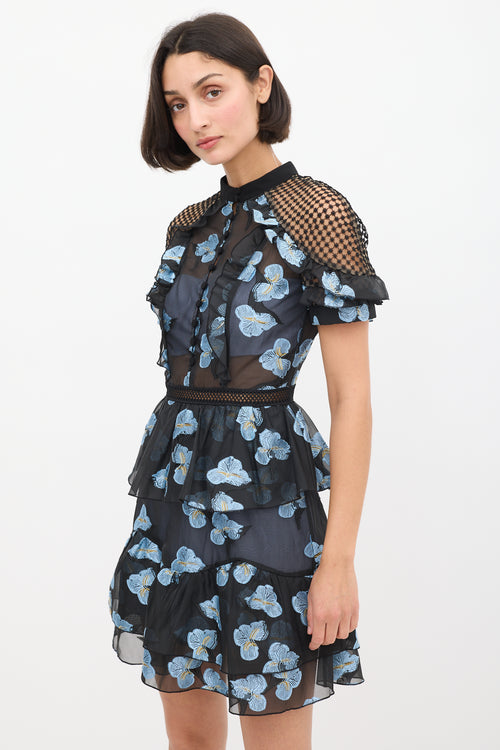 Self-Portrait Black 
Light Blue Floral Fil Coupé Cape Dress