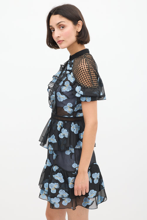 Self-Portrait Black 
Light Blue Floral Fil Coupé Cape Dress