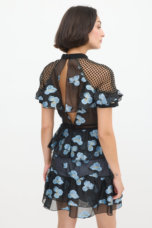 Self-Portrait Black 
Light Blue Floral Fil Coupé Cape Dress