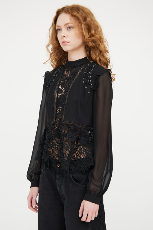 Self-Portrait Black Tie Floral Lace Top