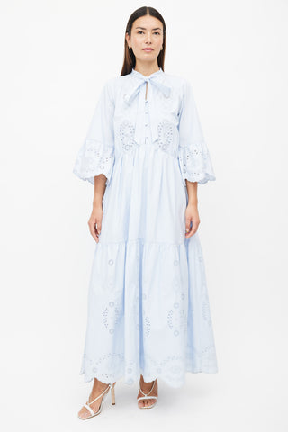 Self-Portrait Blue Cotton Eyelet Lace Maxi Dress