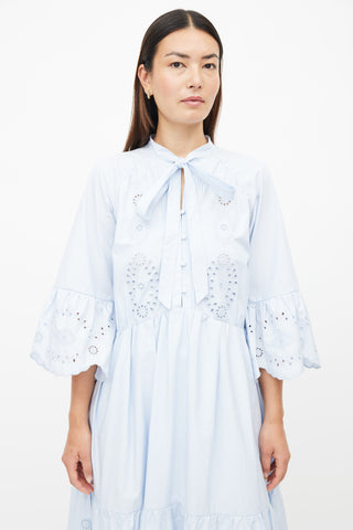 Self-Portrait Blue Cotton Eyelet Lace Maxi Dress