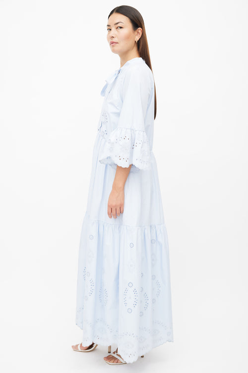 Self-Portrait Blue Cotton Eyelet Lace Maxi Dress