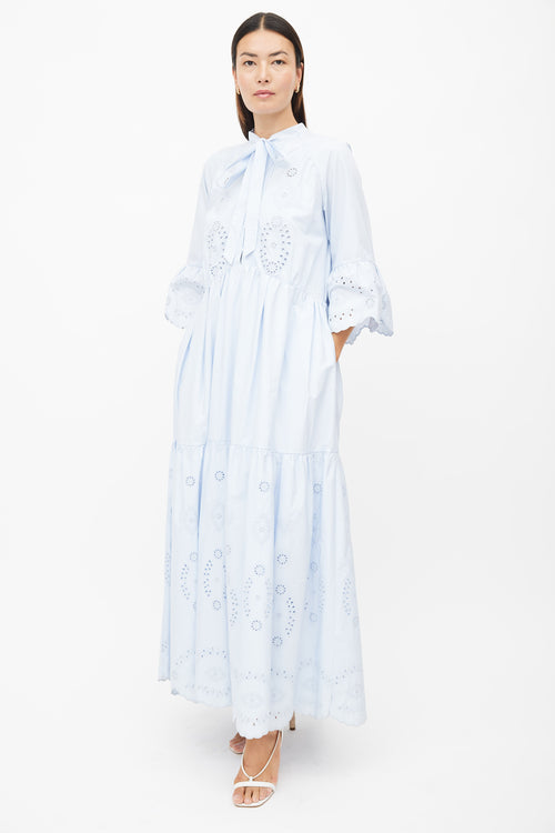 Self-Portrait Blue Cotton Eyelet Lace Maxi Dress