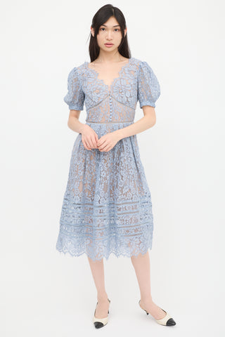 Self-Portrait Blue Floral Lace Pleated Midi Dress