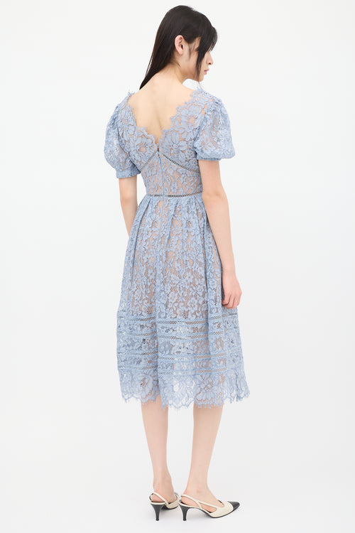 Self-Portrait Blue Floral Lace Pleated Midi Dress