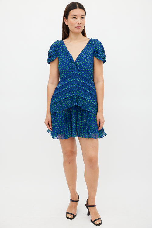 Self-Portrait Blue 
Green Chiffon Dot Mini Dress