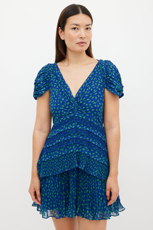 Self-Portrait Blue 
Green Chiffon Dot Mini Dress