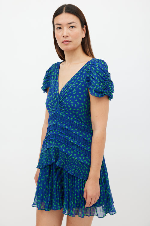 Self-Portrait Blue 
Green Chiffon Dot Mini Dress