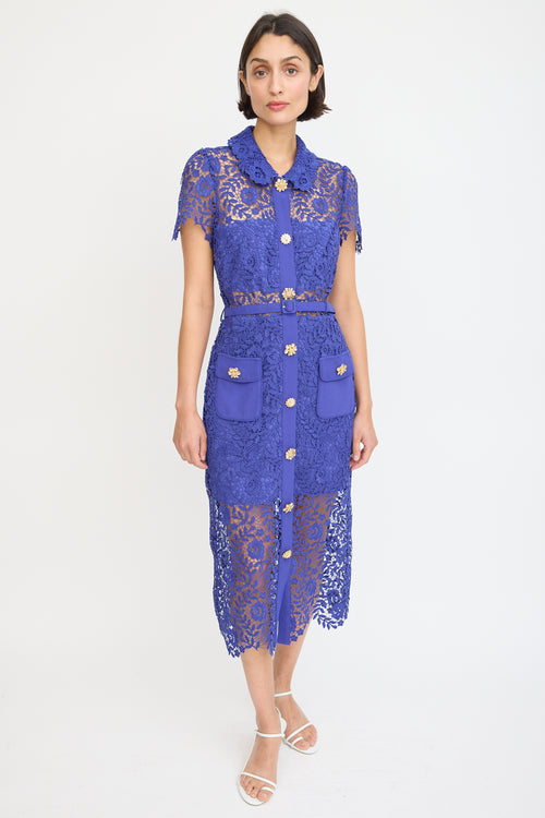 Self-Portrait Blue Floral Lace Belted Button Up Dress