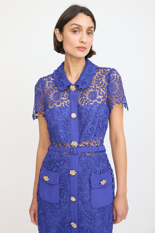 Self-Portrait Blue Floral Lace Belted Button Up Dress