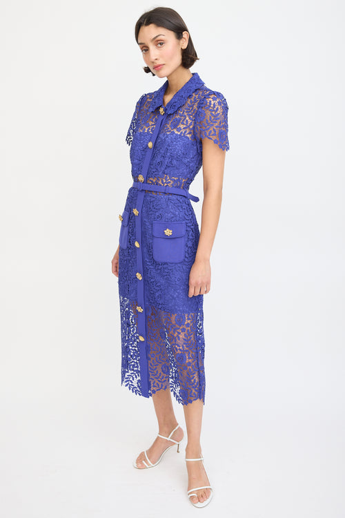 Self-Portrait Blue Floral Lace Belted Button Up Dress