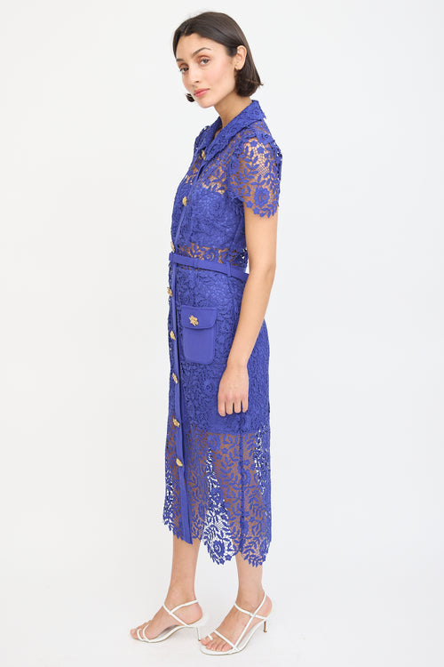 Self-Portrait Blue Floral Lace Belted Button Up Dress