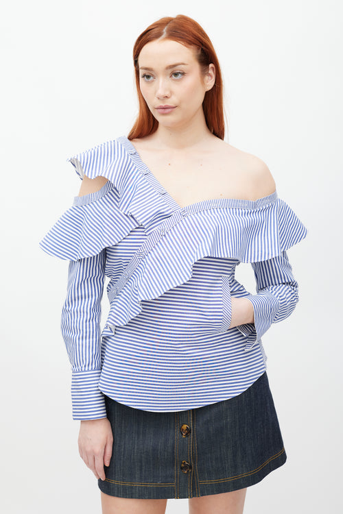 Self-Portrait Blue 
White Asymmetrical Striped Top