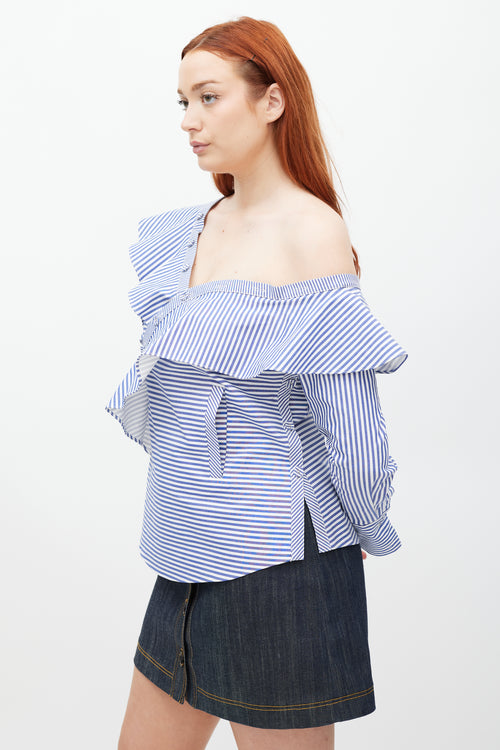 Self-Portrait Blue 
White Asymmetrical Striped Top