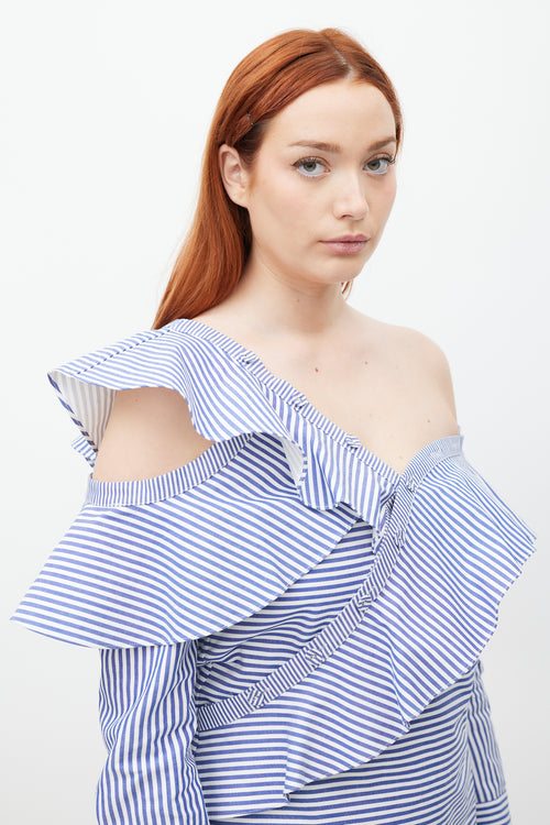 Self-Portrait Blue 
White Asymmetrical Striped Top