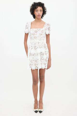 Self-Portrait Brown 
White Floral Lace Belted Dress