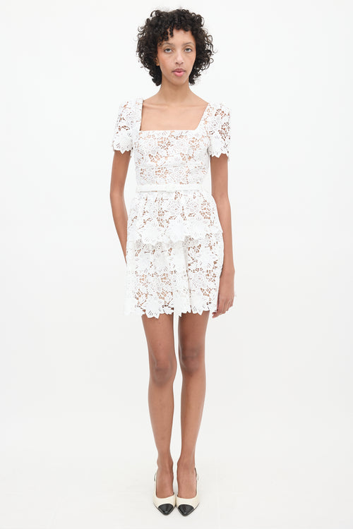 Self-Portrait Brown 
White Floral Lace Belted Dress