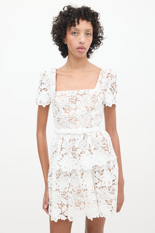 Self-Portrait Brown 
White Floral Lace Belted Dress