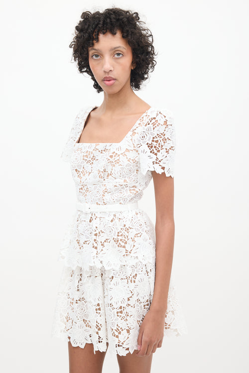 Self-Portrait Brown 
White Floral Lace Belted Dress