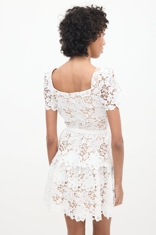 Self-Portrait Brown 
White Floral Lace Belted Dress