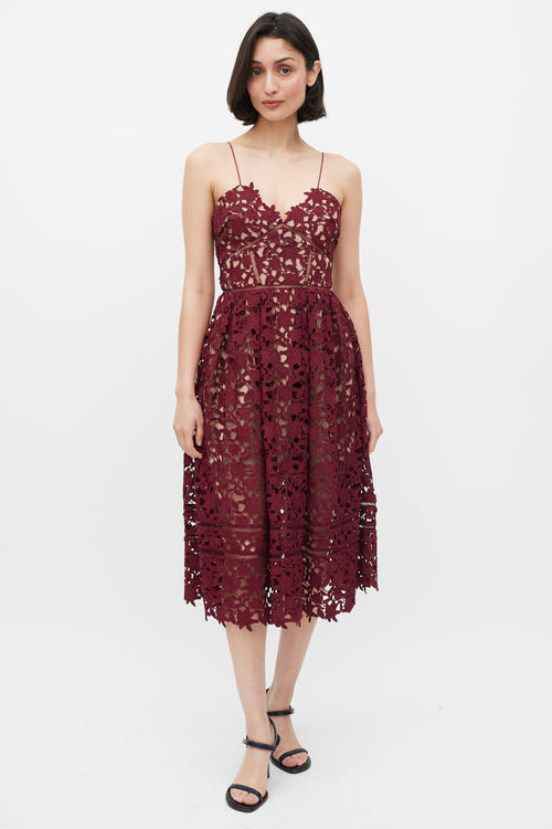 Self-Portrait Burgundy Floral Lace Panelled A-Line Dress