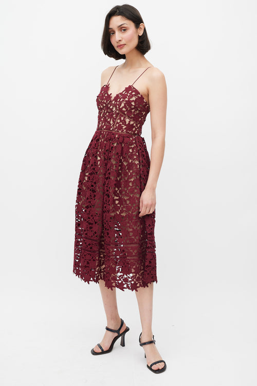 Self-Portrait Burgundy Floral Lace Panelled A-Line Dress