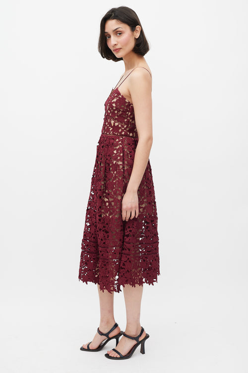 Self-Portrait Burgundy Floral Lace Panelled A-Line Dress