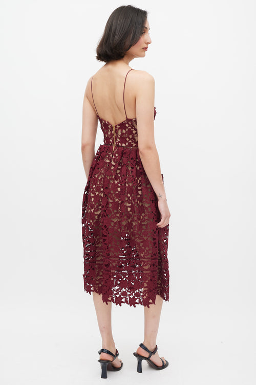 Self-Portrait Burgundy Floral Lace Panelled A-Line Dress