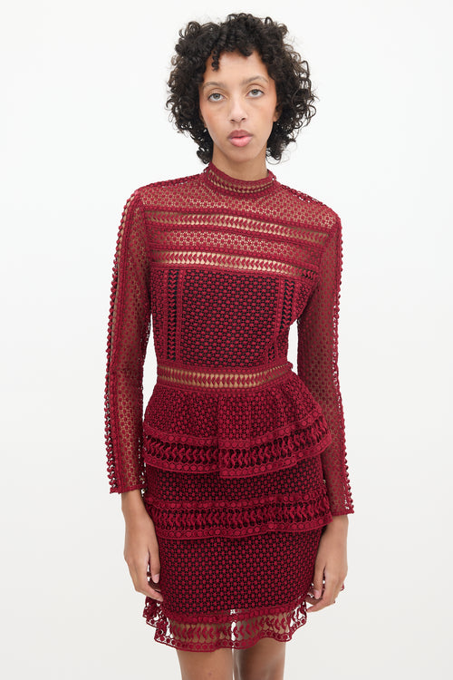 Self-Portrait Burgundy Lace Long Sleeve Dress