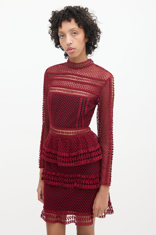 Self-Portrait Burgundy Lace Long Sleeve Dress