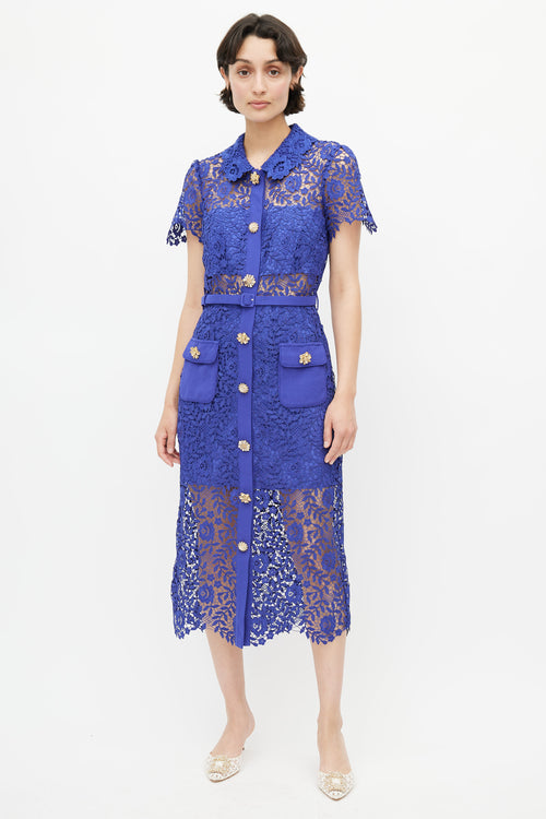 Self-Portrait Cobalt Blue Rose Lace Button Dress