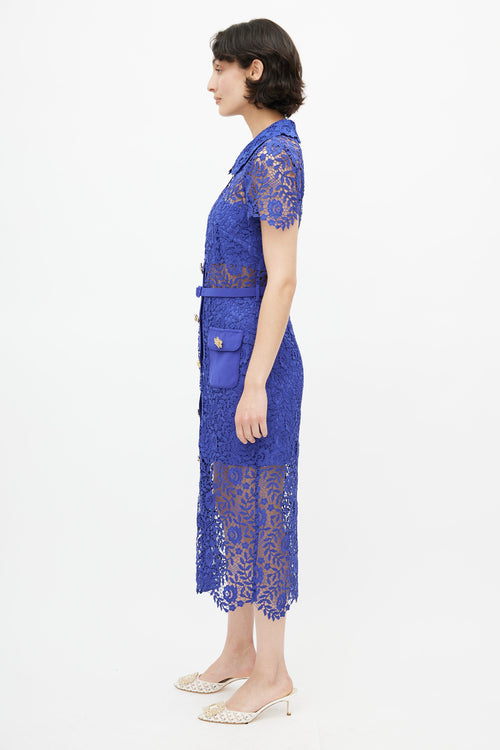 Self-Portrait Cobalt Blue Rose Lace Button Dress