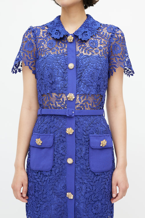 Self-Portrait Cobalt Blue Rose Lace Button Dress