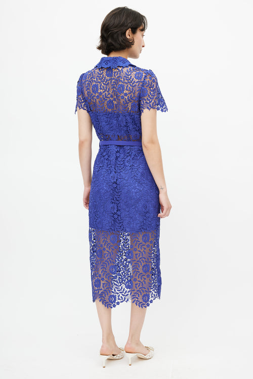 Self-Portrait Cobalt Blue Rose Lace Button Dress