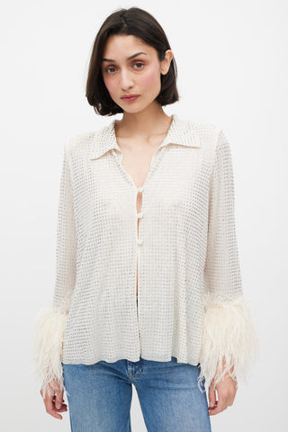 Self-Portrait Cream Rhinestone Mesh Feather Trimmed Shirt