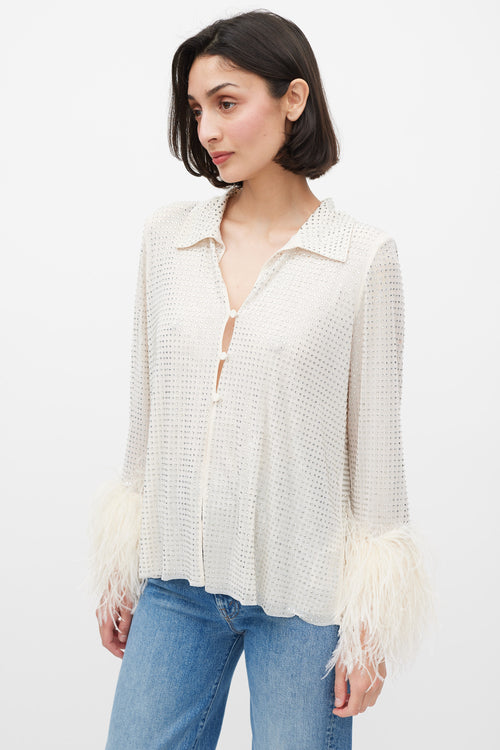 Self-Portrait Cream Rhinestone Mesh Feather Trimmed Shirt