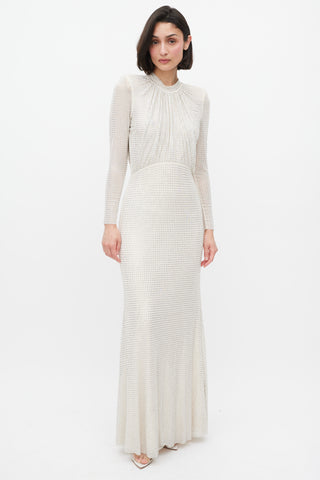 Self-Portrait Cream Rhinestone Mesh Long Sleeve Maxi Dress