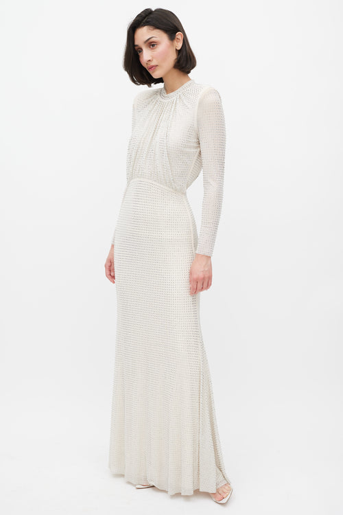 Self-Portrait Cream Rhinestone Mesh Long Sleeve Maxi Dress