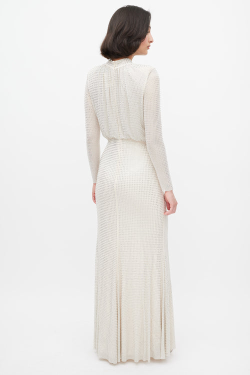 Self-Portrait Cream Rhinestone Mesh Long Sleeve Maxi Dress