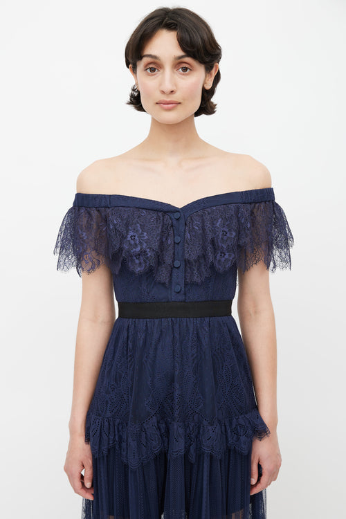 Self-Portrait Navy Lace Off Shoulder Dress